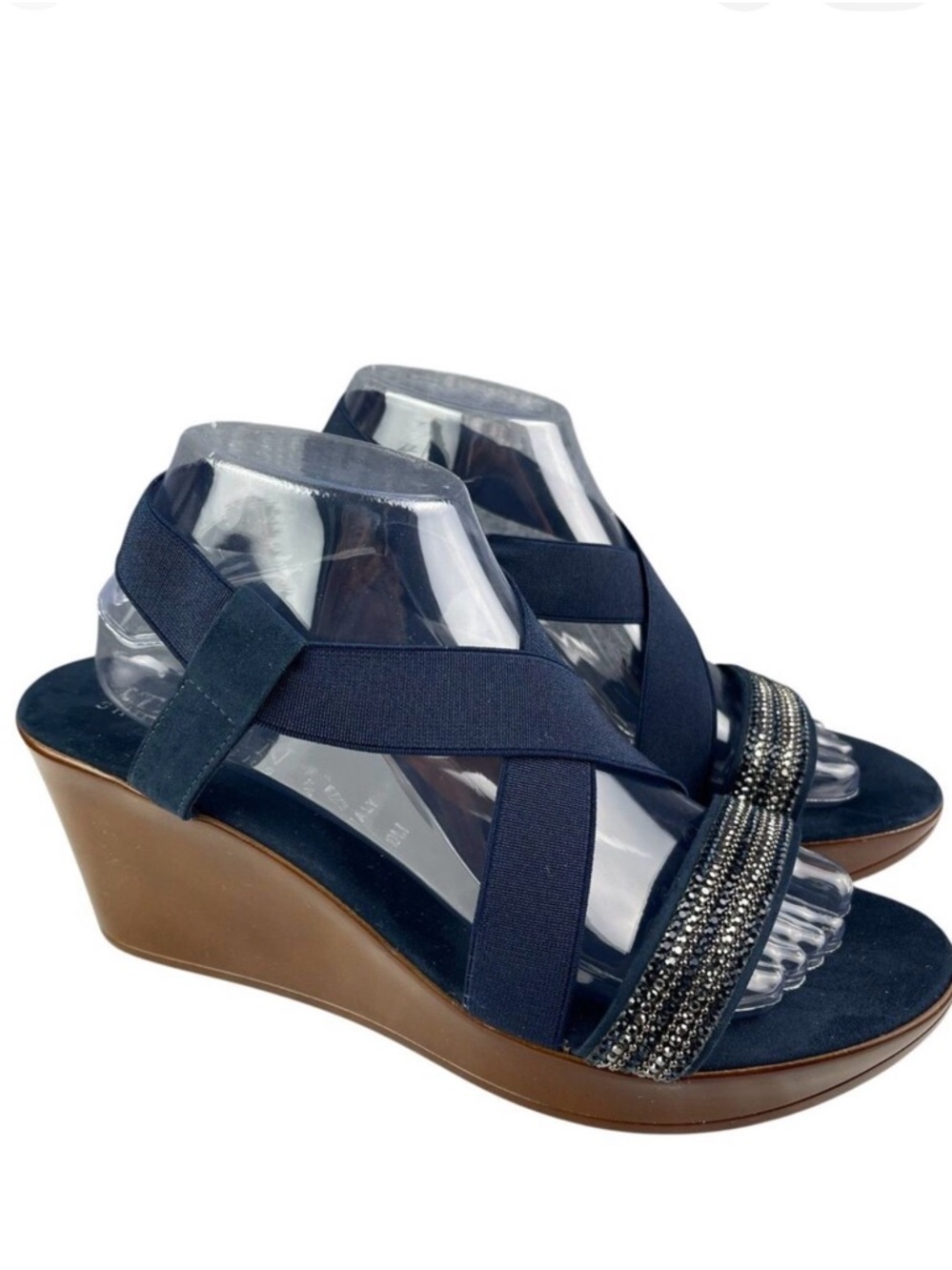 Italian Shoemakers Women’s Wedge Sandals 10M Navy Elastic Straps Rhinestones
